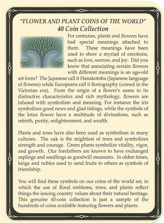 Product description card for 'Flower and Plant Coins of the World' collection with text and coin illustration.