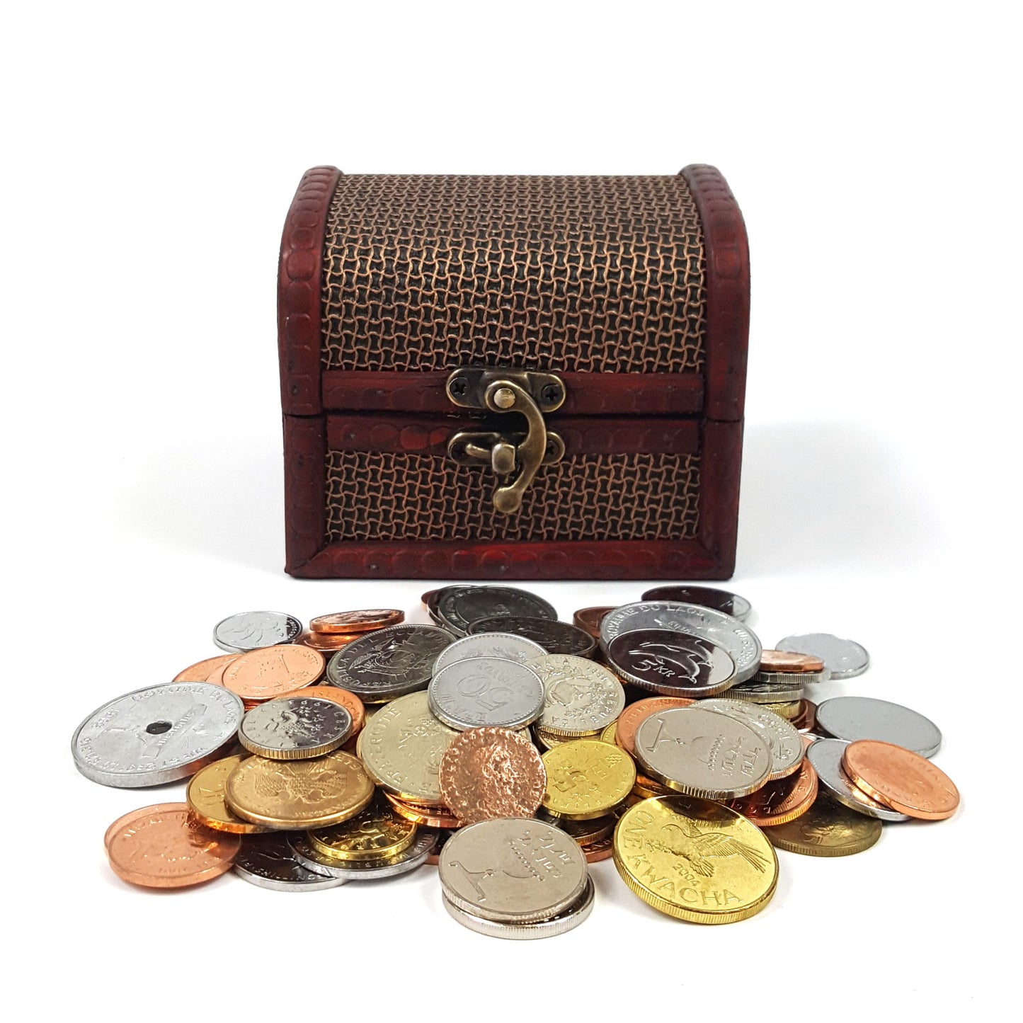 Wooden treasure box with 1 lb uncirculated world coins, and 1 Roman bronze coin.