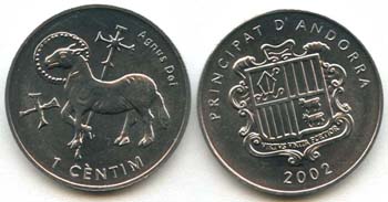 Two sides of Andorra Centim coin with a lamb with an aureola (halo) and a cross image