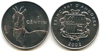 Two sides of Centim coin from Andorra Showing Goat image