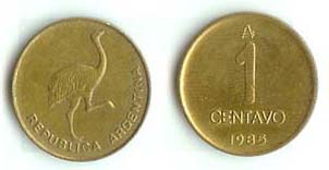Two sides of Argentina Centavo coin with with an emu illustration. 