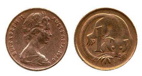 Two sides of Australian 1 Cent coin with a feathertail glider on its reverse side. The feathertail glider, is also known as a pygmy gliding possum.