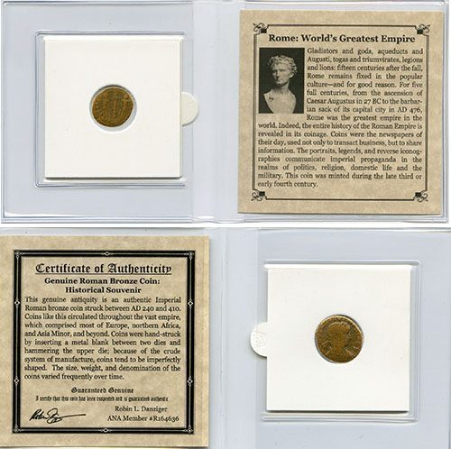 Roman bronze coin with certificate of authenticity and historical card.