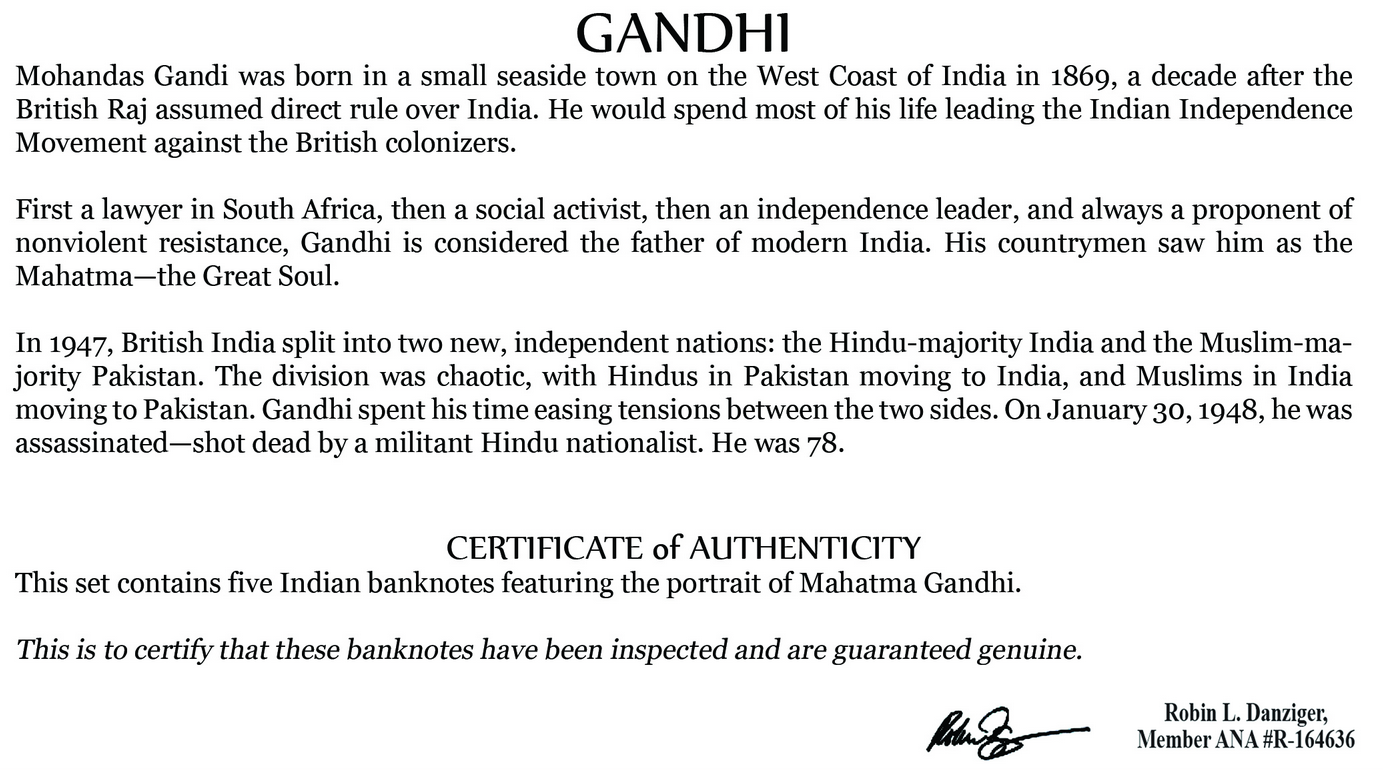Gandhi: A Set of Five Indian Banknotes (billfold)