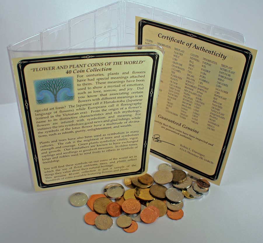Flower and plant coins of the world with a certificate of authenticity on a white background.