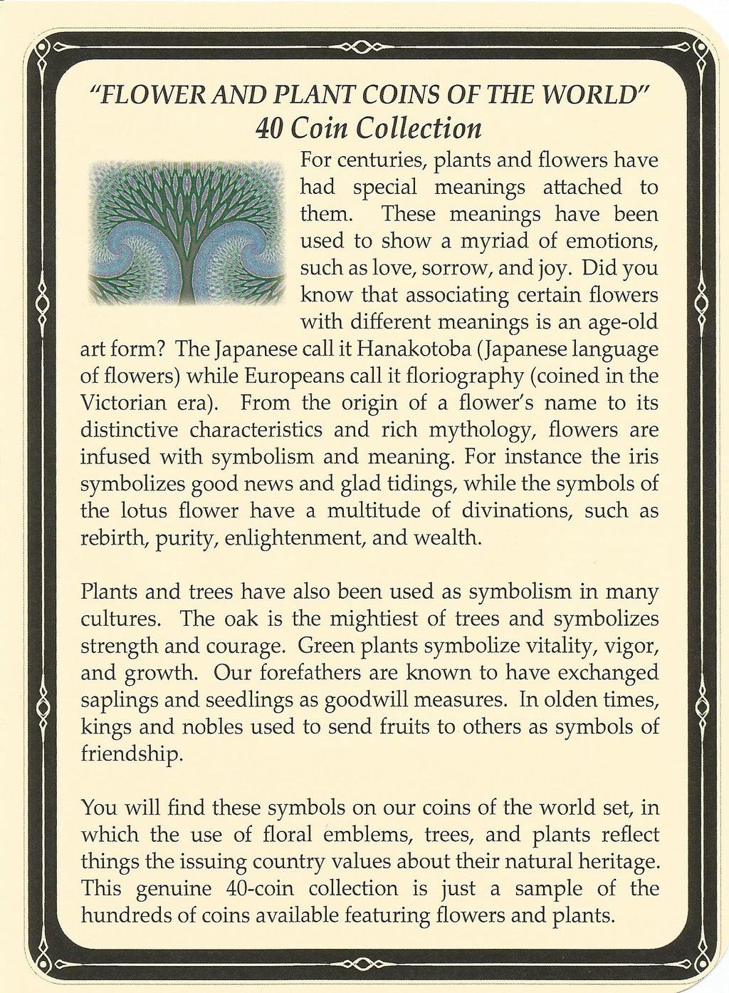 Product description card for 'Flower and Plant Coins of the World' collection with text and coin illustration.