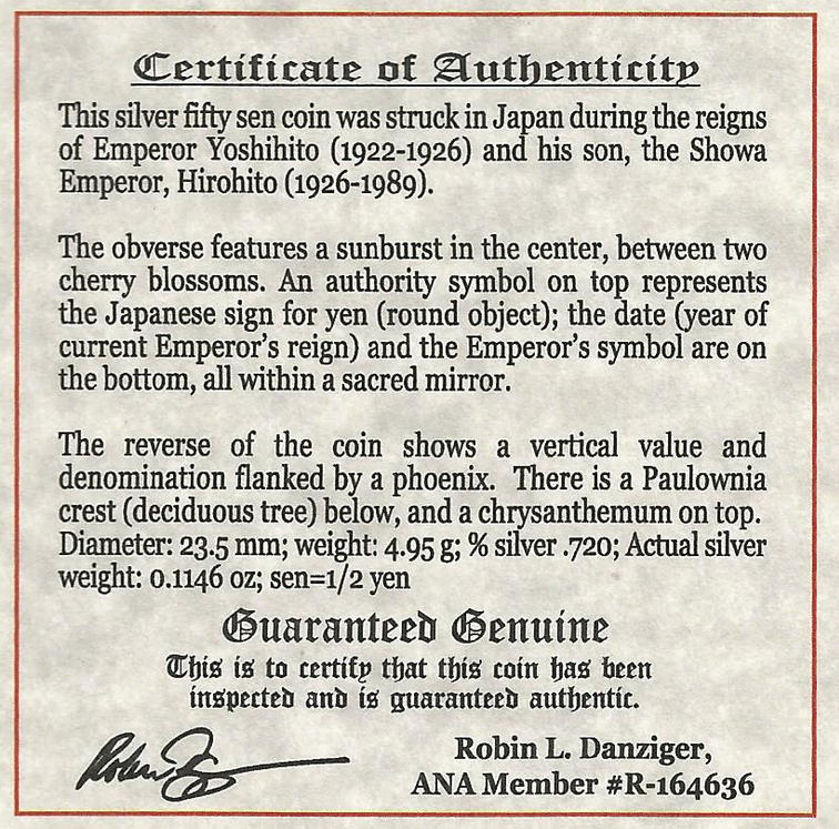 1922-1938 Imperial Japanese Silver Coin 50 Sen