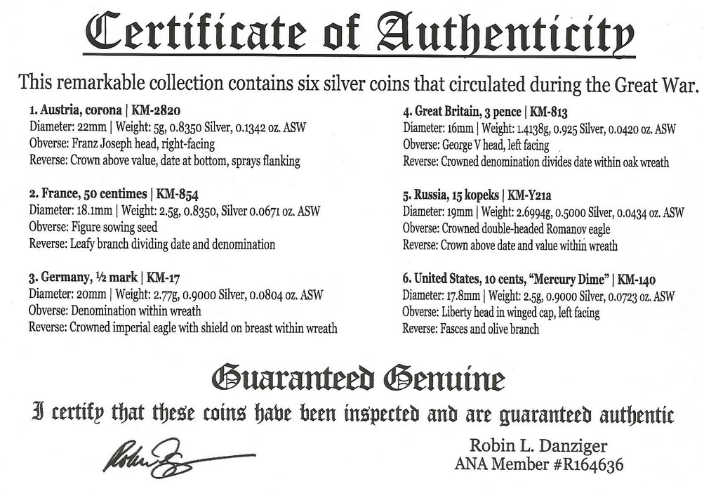 6 Silver Coins of WW1