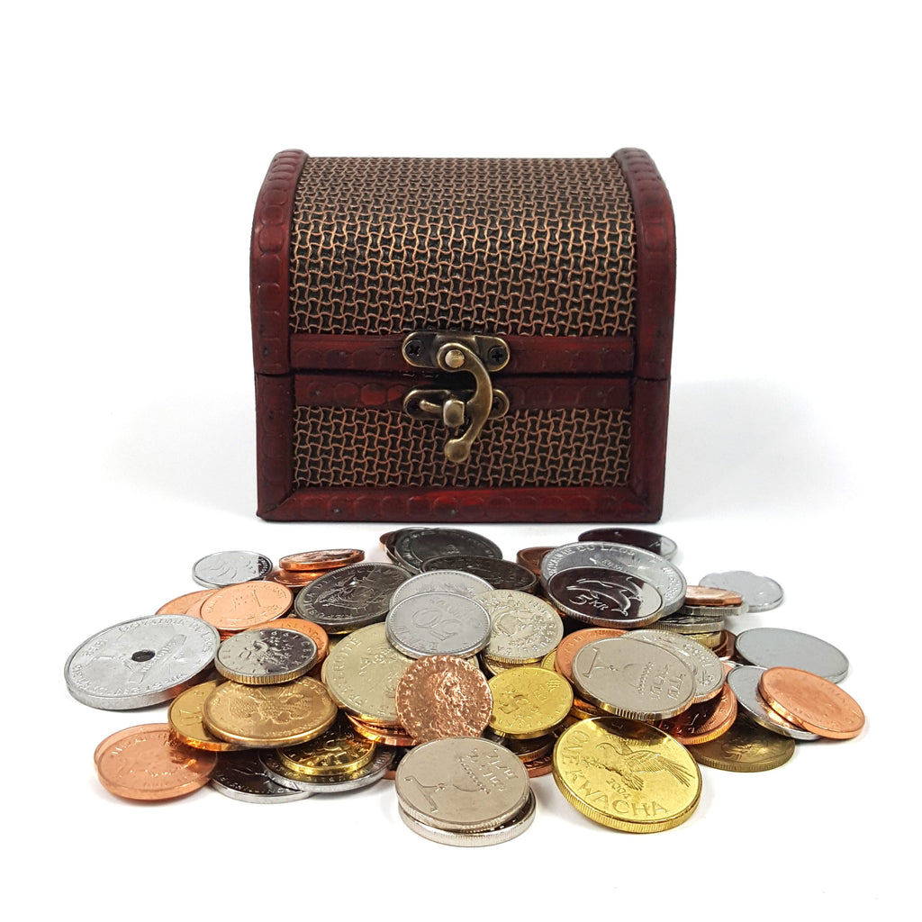 Wooden treasure box with 1 lb uncirculated world coins, and 1 Roman bronze coin.