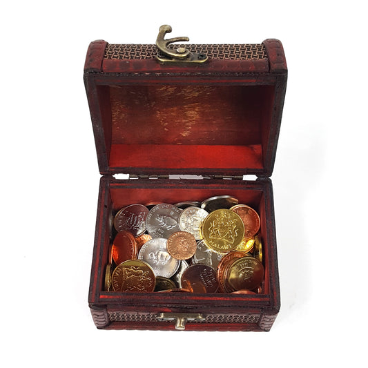 Filled with 1 pound uncirculated mixed world coins and 1 ancient Roman bronze coin