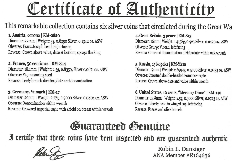 he Great War Box: 6 Silver Coins from the First World War (WWI) (Six-Coin Box)