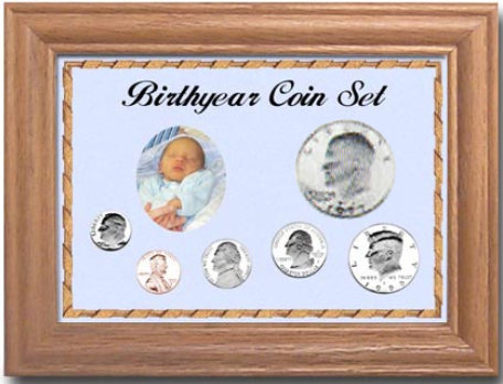 Solid Oak Birth year Frame Cent thru Large $ - Blue, Pink or White